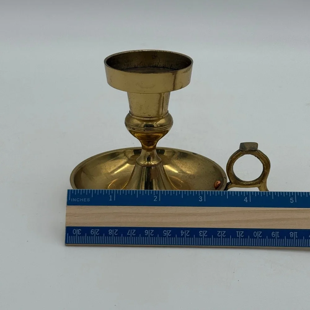 Vintage Solid Brass Chamberstick Candle Holder Finger Loop Handle Made in India